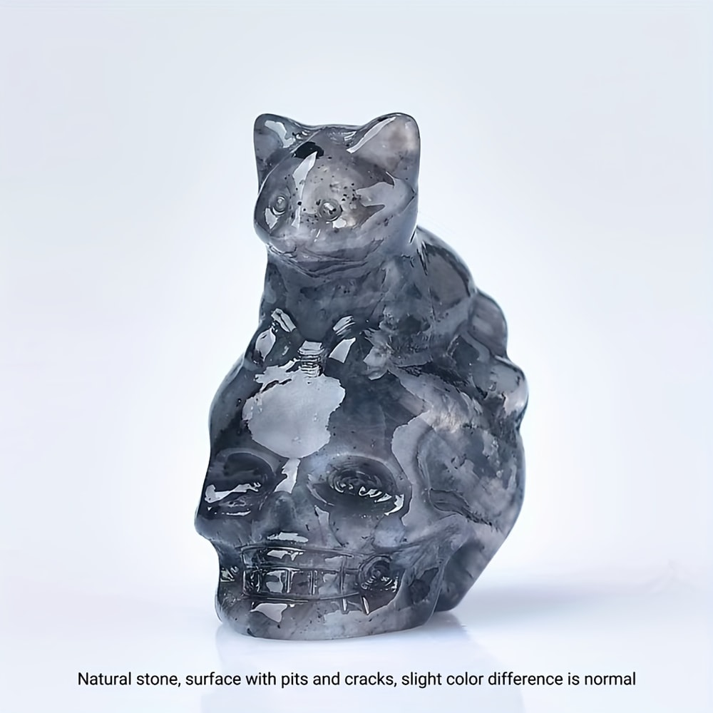 Natural Crystal Skull Cat Figurine, Hand-Carved for Halloween Decor & Gift Ideas