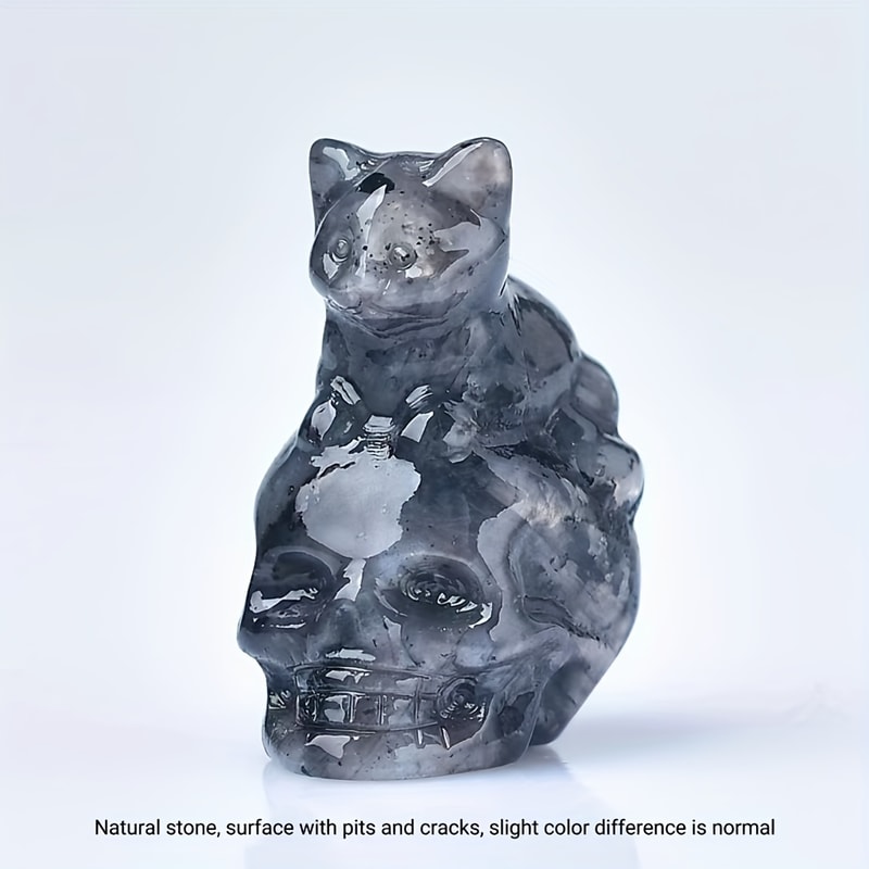 Natural Crystal Skull Cat Figurine, Hand-Carved for Halloween Decor & Gift Ideas
