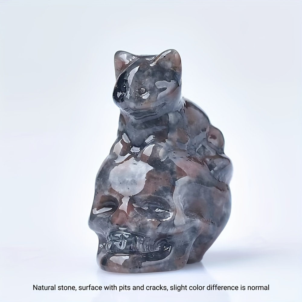Natural Crystal Skull Cat Figurine, Hand-Carved for Halloween Decor & Gift Ideas