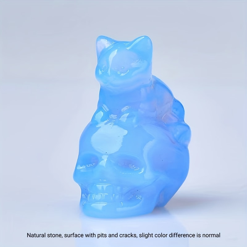 Natural Crystal Skull Cat Figurine, Hand-Carved for Halloween Decor & Gift Ideas