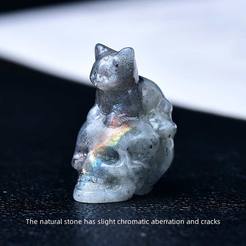 Natural Crystal Skull Cat Figurine, Hand-Carved for Halloween Decor & Gift Ideas