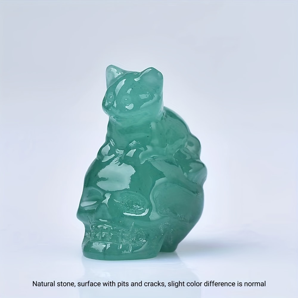 Natural Crystal Skull Cat Figurine, Hand-Carved for Halloween Decor & Gift Ideas