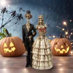 spooky couple skeleton statue ornament, vintage wedding dress style, romantic desktop decoration