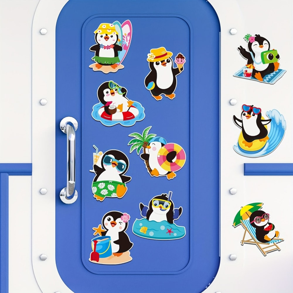 Durable Rubber Magnetic Stickers for Fridge, Cute Penguin Designs with Beach & Pool Themes