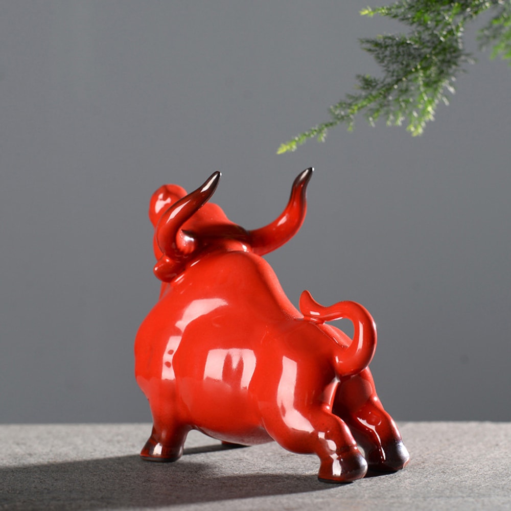 Nordic Home Decor Bull Sculpture Desk, Luxury Ceramic Retro Bronze or Red, Lucky Cattle Cow Ox Statue Figurine Toy
