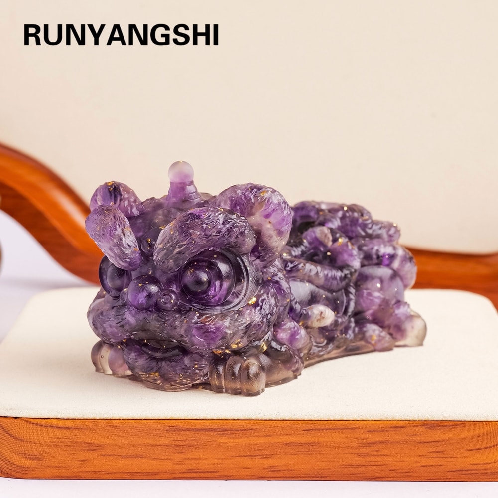 Fengshui Sculpture Crystal Stone Lion Dance, Reiki Stone Figurine Amulet for Home Office Decor