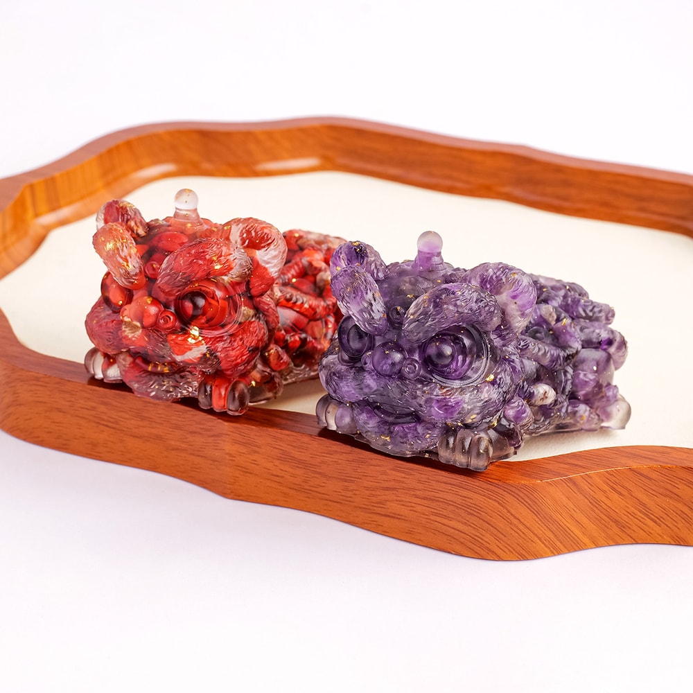 Fengshui Sculpture Crystal Stone Lion Dance, Reiki Stone Figurine Amulet for Home Office Decor