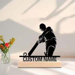 hit the ball metal statues, personalized custom cricket players, wooden base, perfect bedroom gift