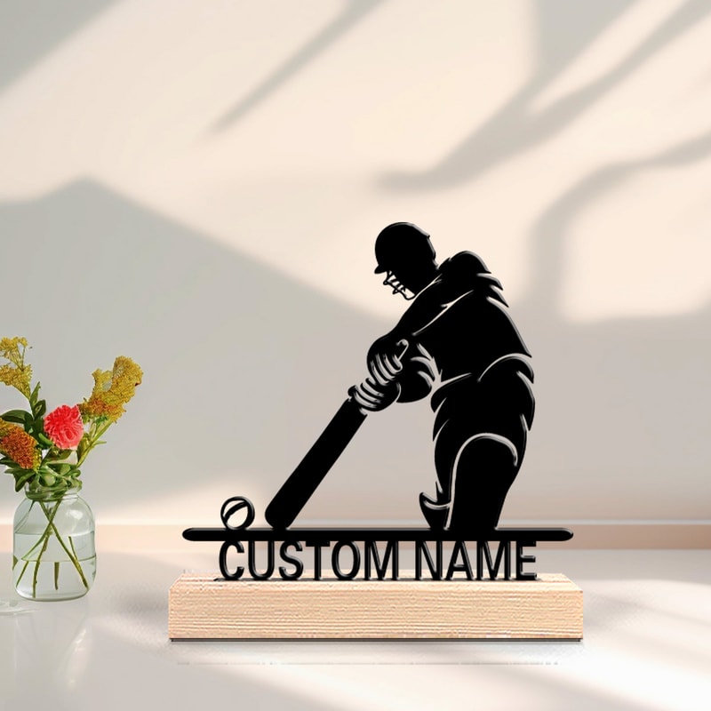 Hit The Ball Metal Statues, Personalized Custom Cricket Players, Wooden Base, Perfect Bedroom Gift