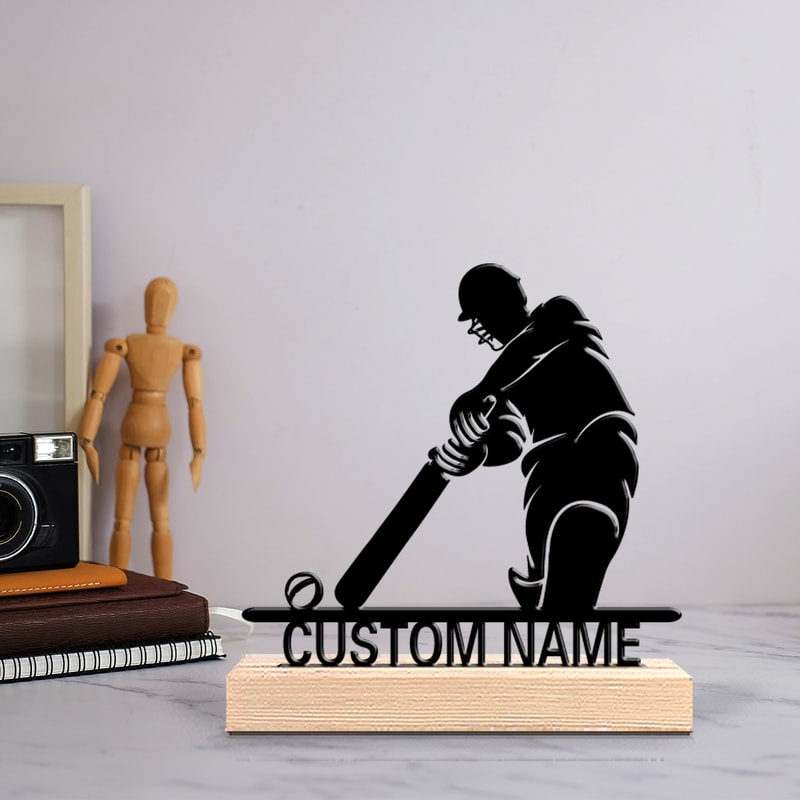 Hit The Ball Metal Statues, Personalized Custom Cricket Players, Wooden Base, Perfect Bedroom Gift