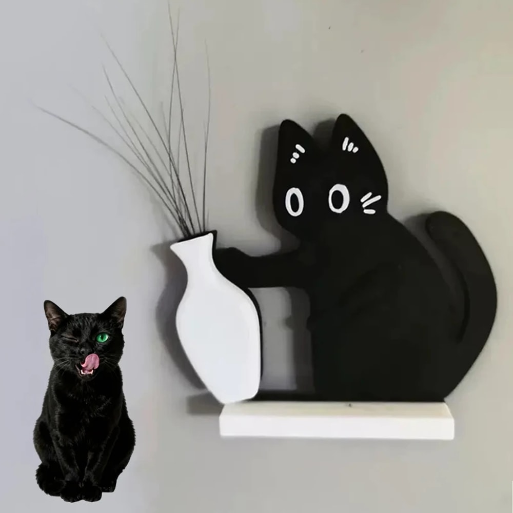 Fridge Magnet Black Cat Pushing Vase, Cat Whisker Memorial Box, Home Office Decor for Gift