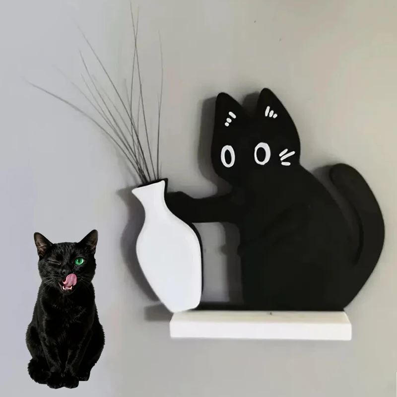 Fridge Magnet Black Cat Pushing Vase, Cat Whisker Memorial Box, Home Office Decor for Gift