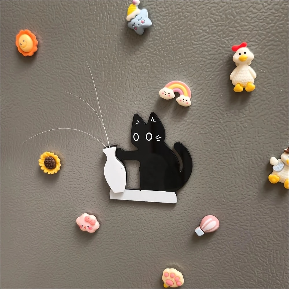 Fridge Magnet Black Cat Pushing Vase, Cat Whisker Memorial Box, Home Office Decor for Gift