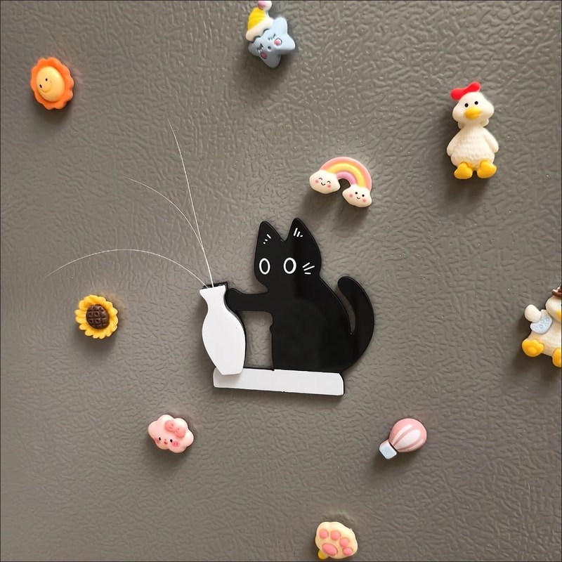 Fridge Magnet Black Cat Pushing Vase, Cat Whisker Memorial Box, Home Office Decor for Gift