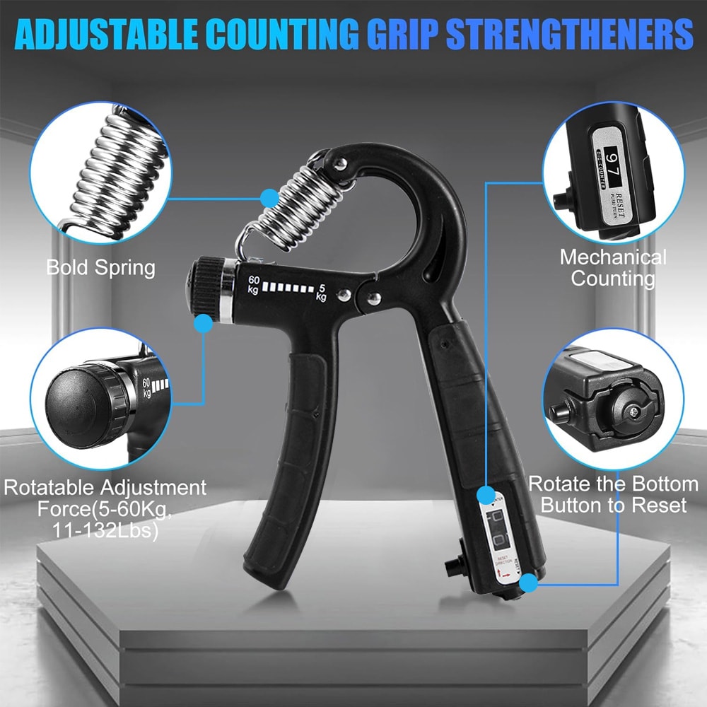 Adjustable Hand Grip Strengthener Set, Finger Exerciser & Stress Ball for Forearm Workout, Wrist Support