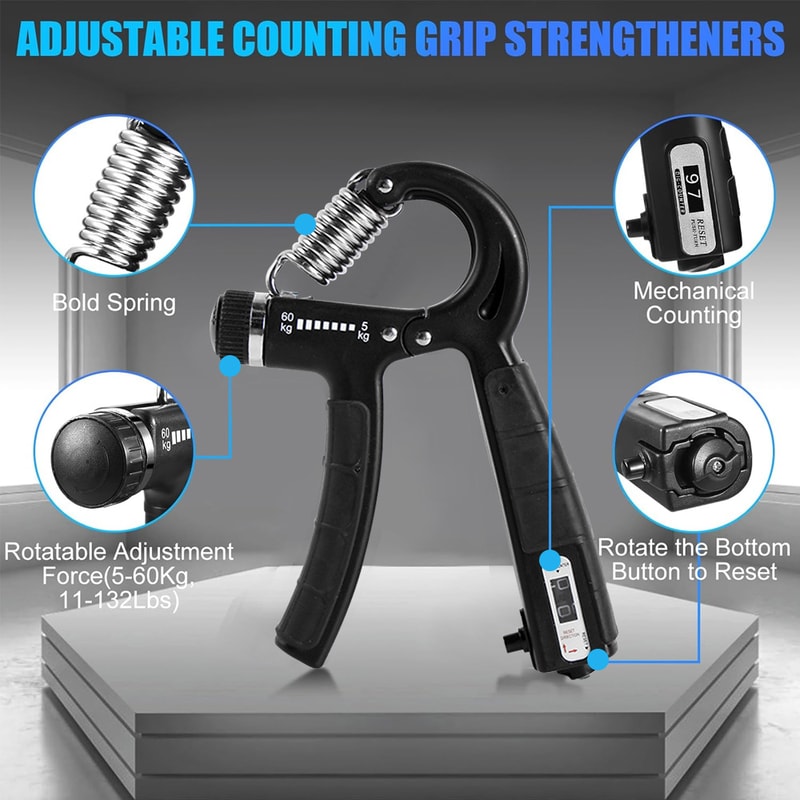 Adjustable Hand Grip Strengthener Set, Finger Exerciser & Stress Ball for Forearm Workout, Wrist Support