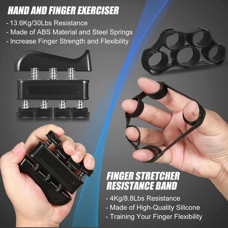 Adjustable Hand Grip Strengthener Set, Finger Exerciser & Stress Ball for Forearm Workout, Wrist Support