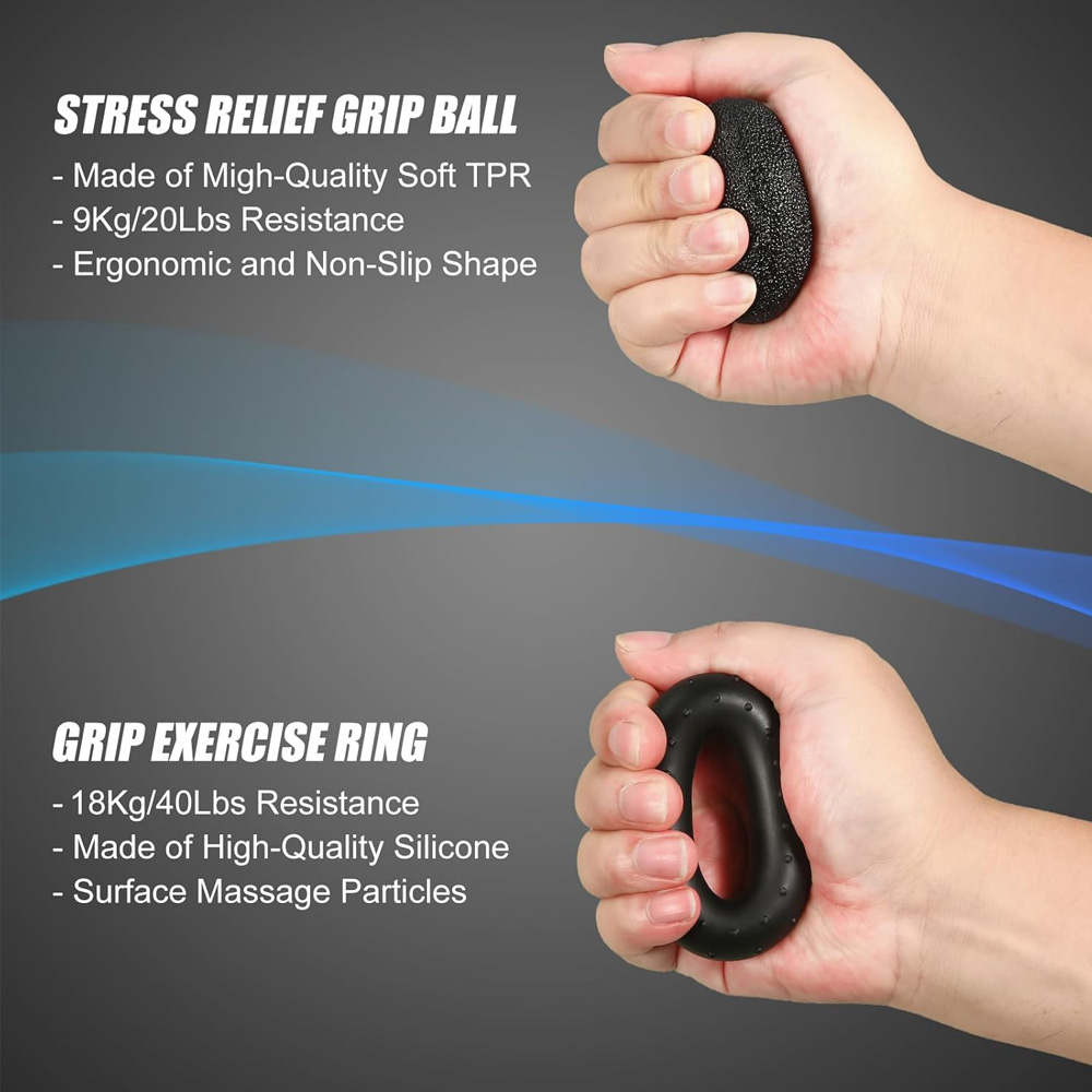 Adjustable Hand Grip Strengthener Set, Finger Exerciser & Stress Ball for Forearm Workout, Wrist Support