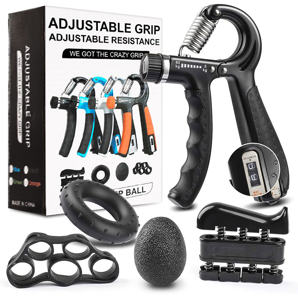 Adjustable Hand Grip Strengthener Set, Finger Exerciser & Stress Ball for Forearm Workout, Wrist Support