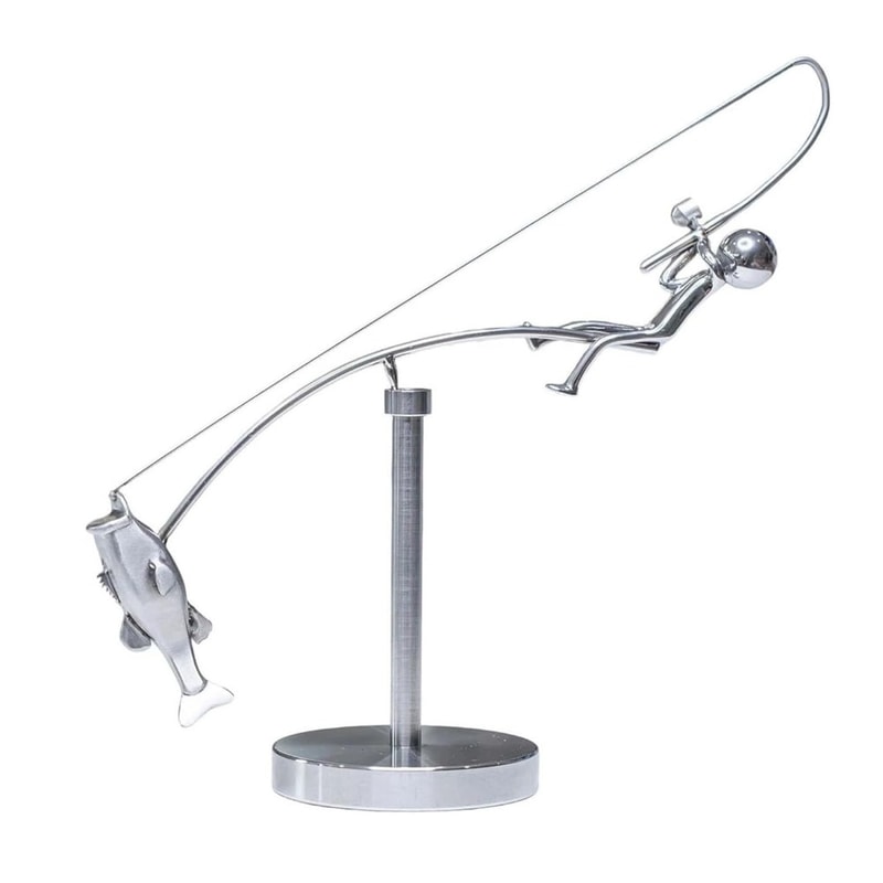 Metal Fisherman Balancing Sculpture, Handmade Kinetic Fishing Statue Desk Ornament Gift for Fisherman Lovers