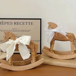 heirloom wooden rocking horse handcarved montessori nursery decor with organic cotton bow fsc oak toy non-toxic baby shower gift