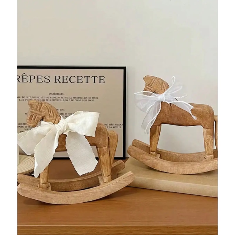 Heirloom Wooden Rocking Horse HandCarved Montessori Nursery Decor with Organic Cotton Bow FSC Oak Toy Non-Toxic Baby Shower Gift