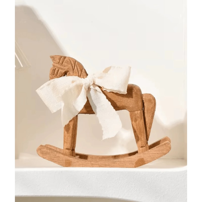 Heirloom Wooden Rocking Horse HandCarved Montessori Nursery Decor with Organic Cotton Bow FSC Oak Toy Non-Toxic Baby Shower Gift