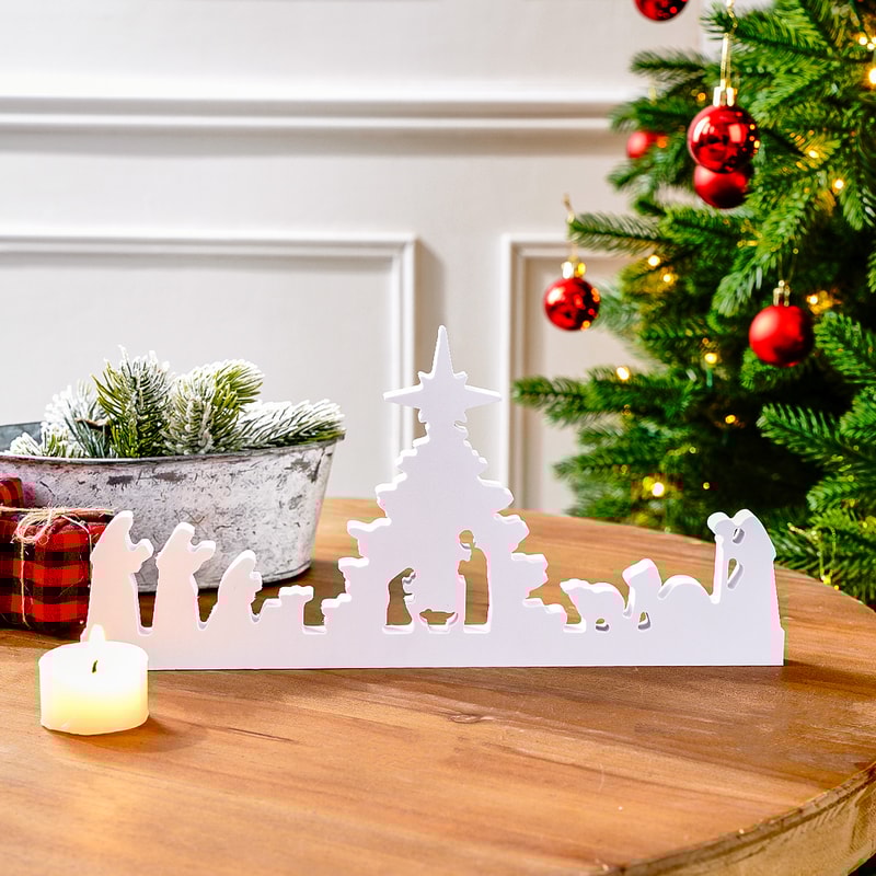Simple White Nativity Silhouette, Snowflake Board Christmas Home Desktop Decorative Item