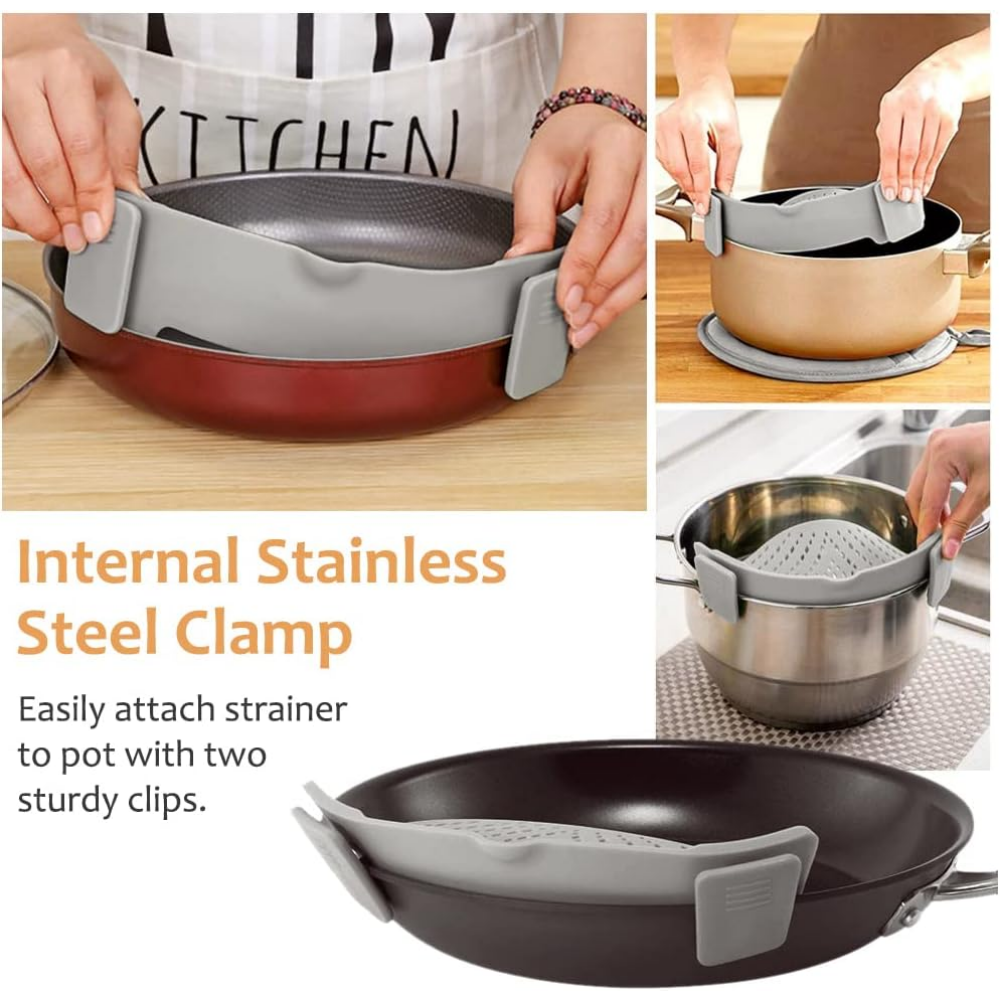 Silicone Pasta Filter Pot, Clamp-on Foldable Tool for Noodles, Vegetables, Fruits
