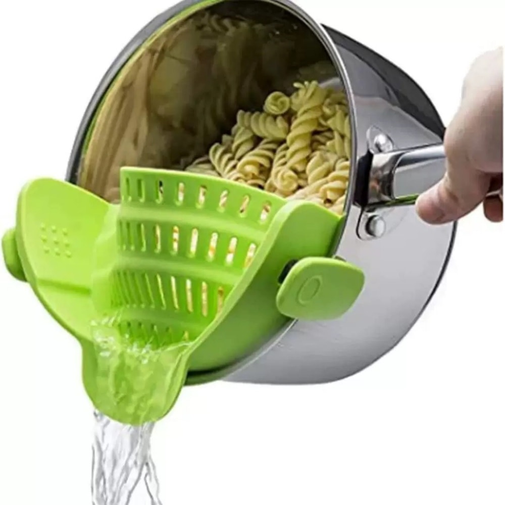 Silicone Pasta Filter Pot, Clamp-on Foldable Tool for Noodles, Vegetables, Fruits