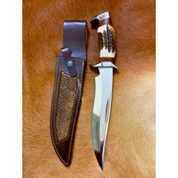 Stag Antler Bowie Knife Handmade Bowie Stag scales knife Full Tang Hunting Knife Stag Crown D2 Tool Steel Mirror Polish