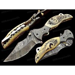 Handmade Folding Knife. Damascus Folding Knife, Camping Knife, Hand Forged Knife, Pocket Knife. Anniversary Gift. Best