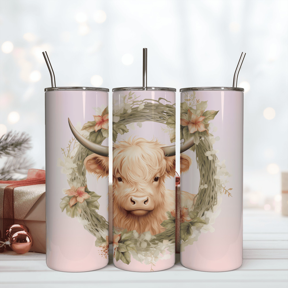 Baby Cow Floral Wreath Tumbler Wrap Seamless Designs Skinny Tumbler 20oz Png.png