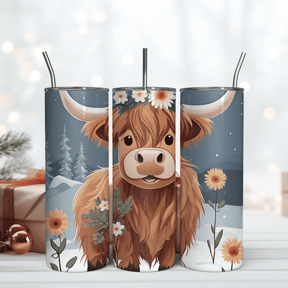 Baby Highland Cow Floral 20oz Tumbler Wrap, Digital Download PNG, Sublimination Design.png