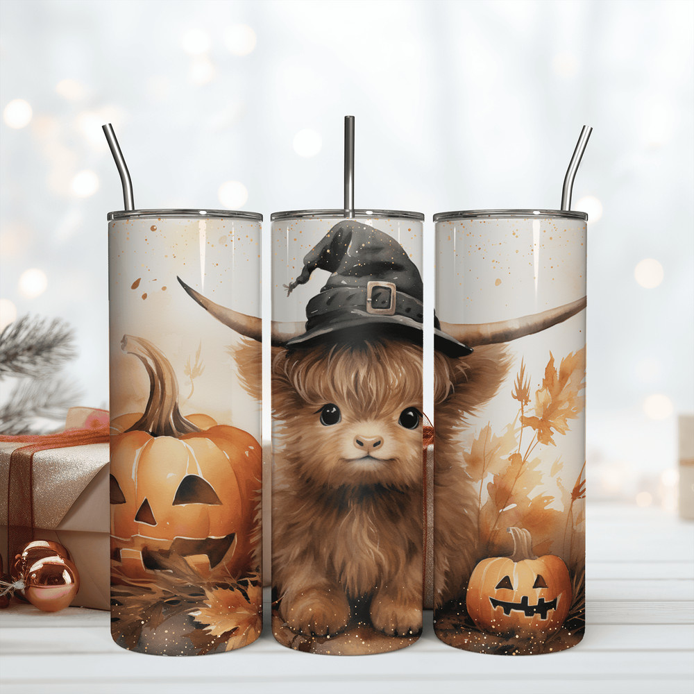 Baby Highland Cow Witch Halloween 20Oz Tumbler Wrap Design png.png