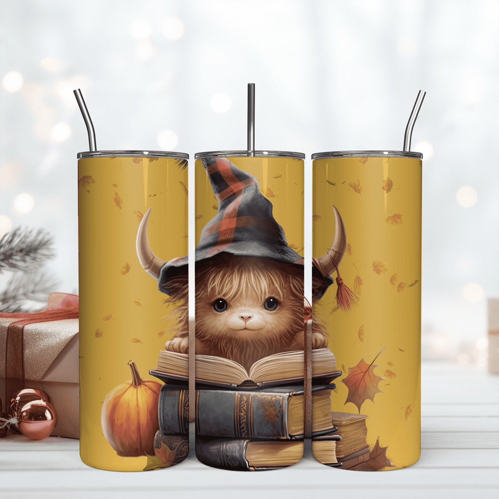 Baby Highland Cow With A Witch Hat And With Pumpkins Reading Book 20oz Tumbler Png.png