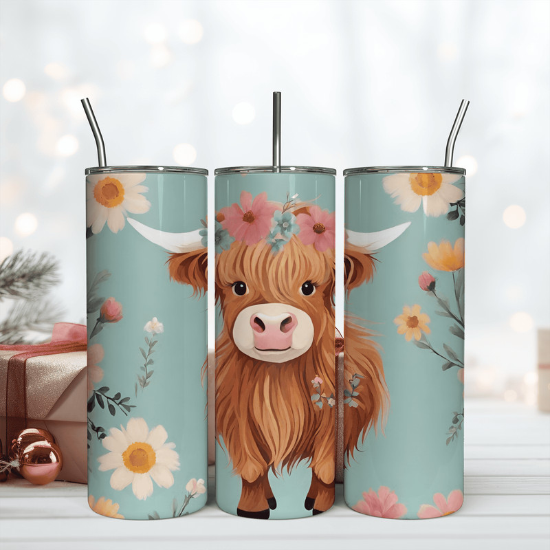 Baby Highland Cow with Flower Tumbler Wrap, 20oz Skinny Tumbler Sublimation Png Design.png
