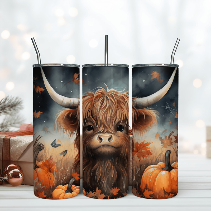 Baby Highland Cow with Pumpkins 20Oz Insulated Tumbler Png.png