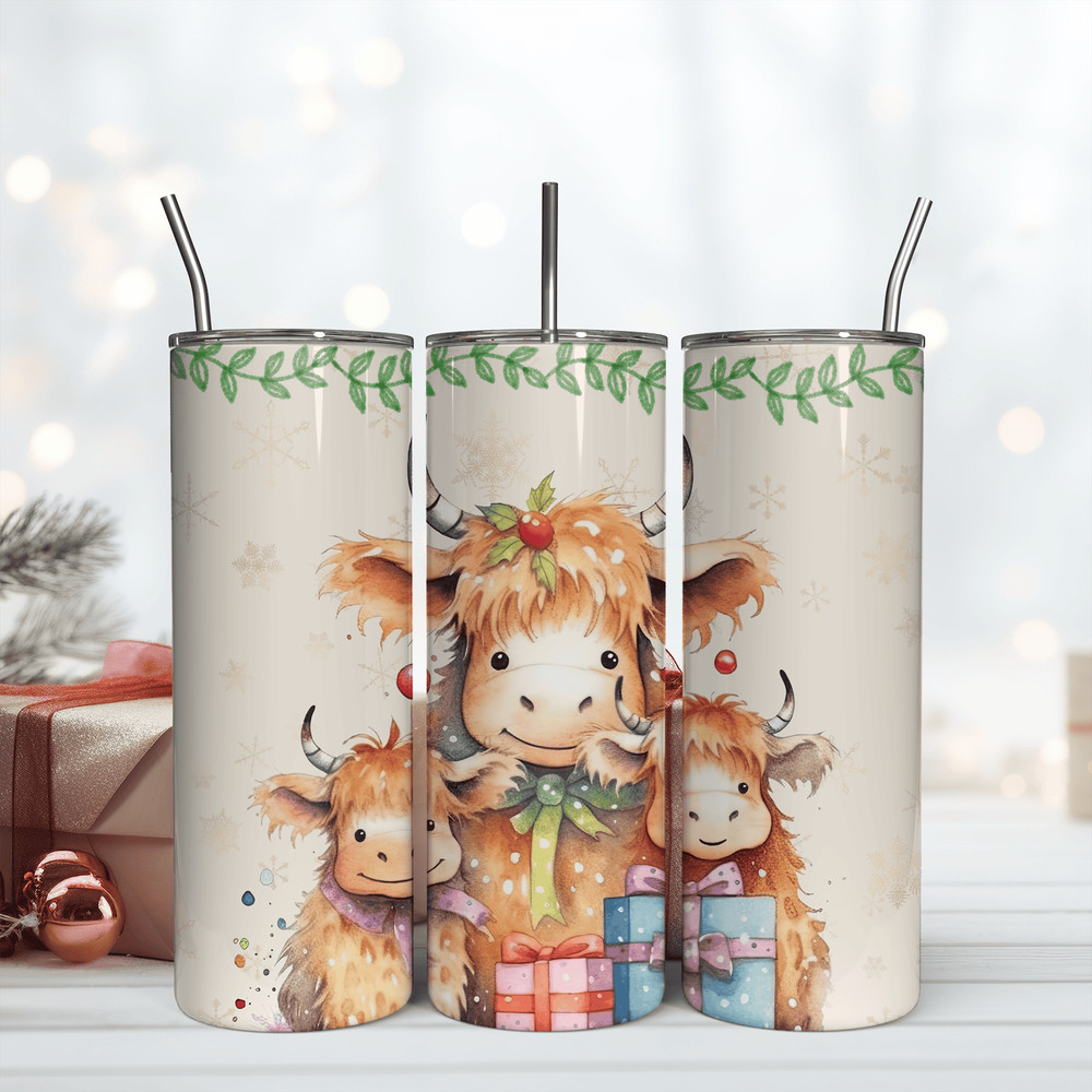 Christmas Cute Highland Cow 20Oz Seamless Tumbler Wrap PNG.png