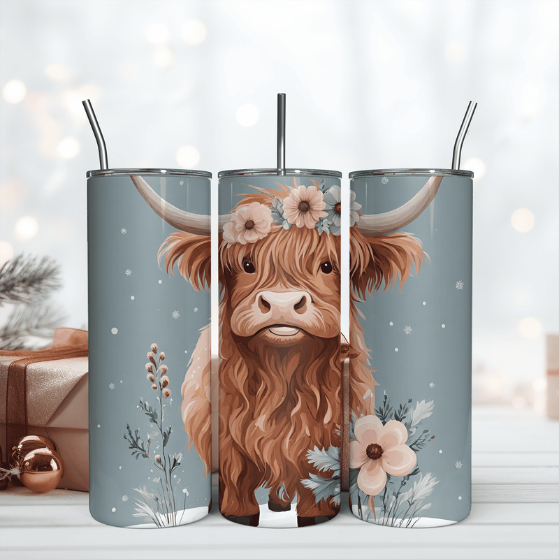 Floral Cow Tumbler Wrap, 20oz Skinny Tumbler Sublimation Png Design.png