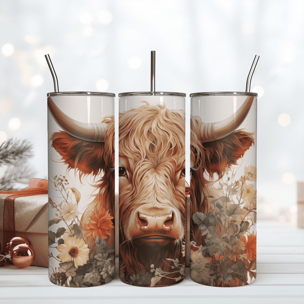 Floral Highland Cow 20Oz Tumbler Wrap, Floral Tumbler Wrap Png.png