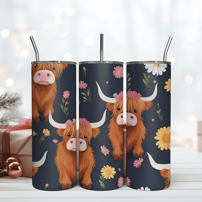 Highland Cow Flower Tumbler Wrap Seamless Png Digital Download.png