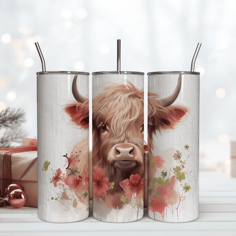 Highland Cow Pink Floral 20oz Skinny Seamless Tumbler Wrap Png.png