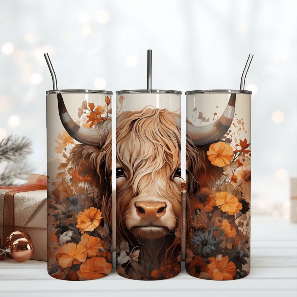 Highland Cow Tumbler 20Oz Fall, Fall Flower Tumbler Wrap Png.png
