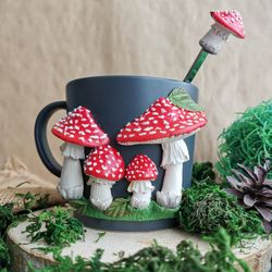Mushroom mug with red amanita family, handcrafted cottagecore camping tea cup