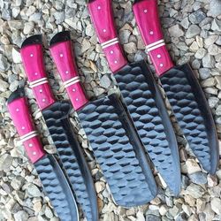 Handmade kitchen knife set with leather sheath