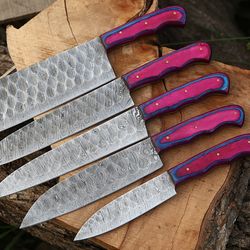 Handmade Damascus Steel Kitchen Knife Set Of 5 PCS Multi Color Dollar Handle Chef Knife With Leather Roll Kit