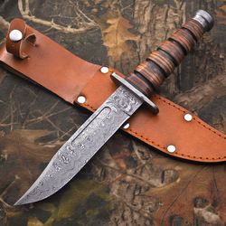 Handmade Damascus Kabar Bowie Knife with Leather Sheath Hunting Knife 12" Surviv