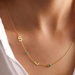 Birthstone Letter Necklace 14k Gold Custom Name Initial Necklace With Birthstone