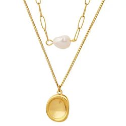 Gold Plated Double Layers Freshwater Pearl Necklace Layered Irregular Disc Pearl